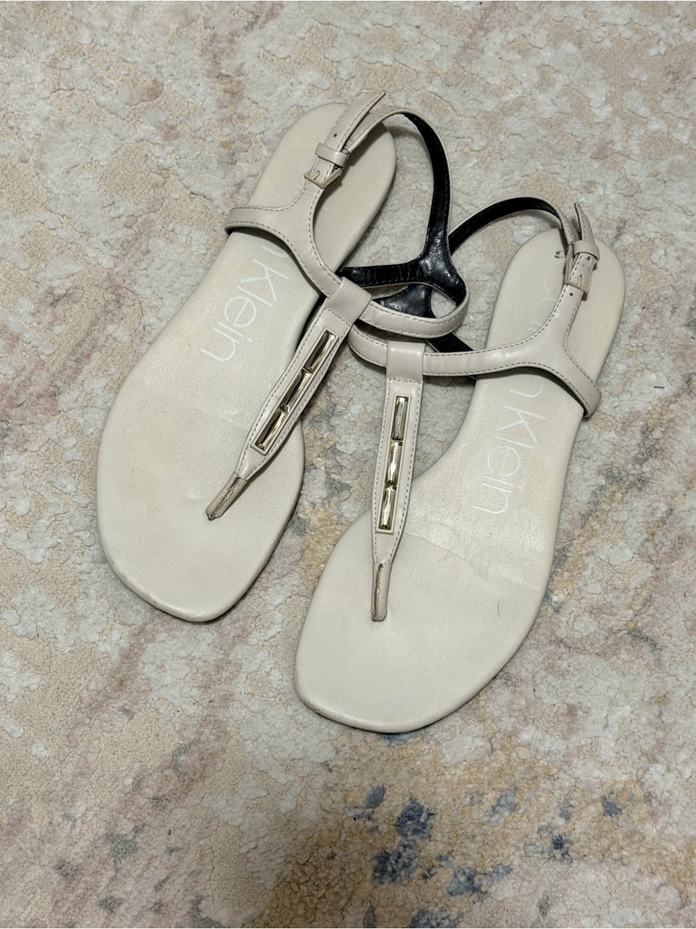 Calvin Klein Women's Cream T-Strap Sandals with Gold Accents